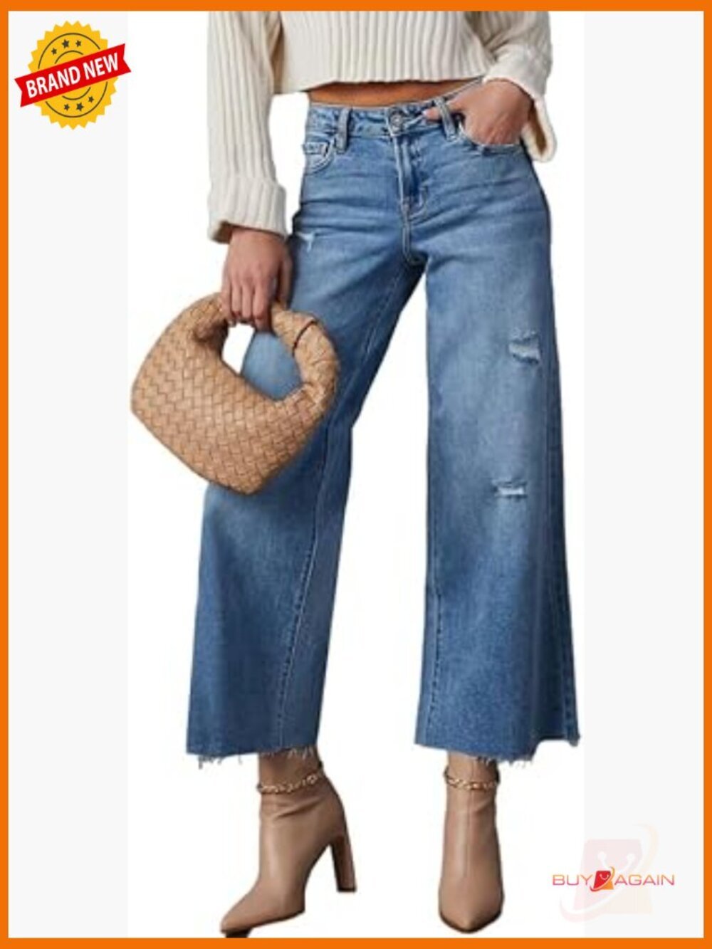 High Waisted Wide Leg Ripped Frayed Hem Stretchy Capri Denim Pants